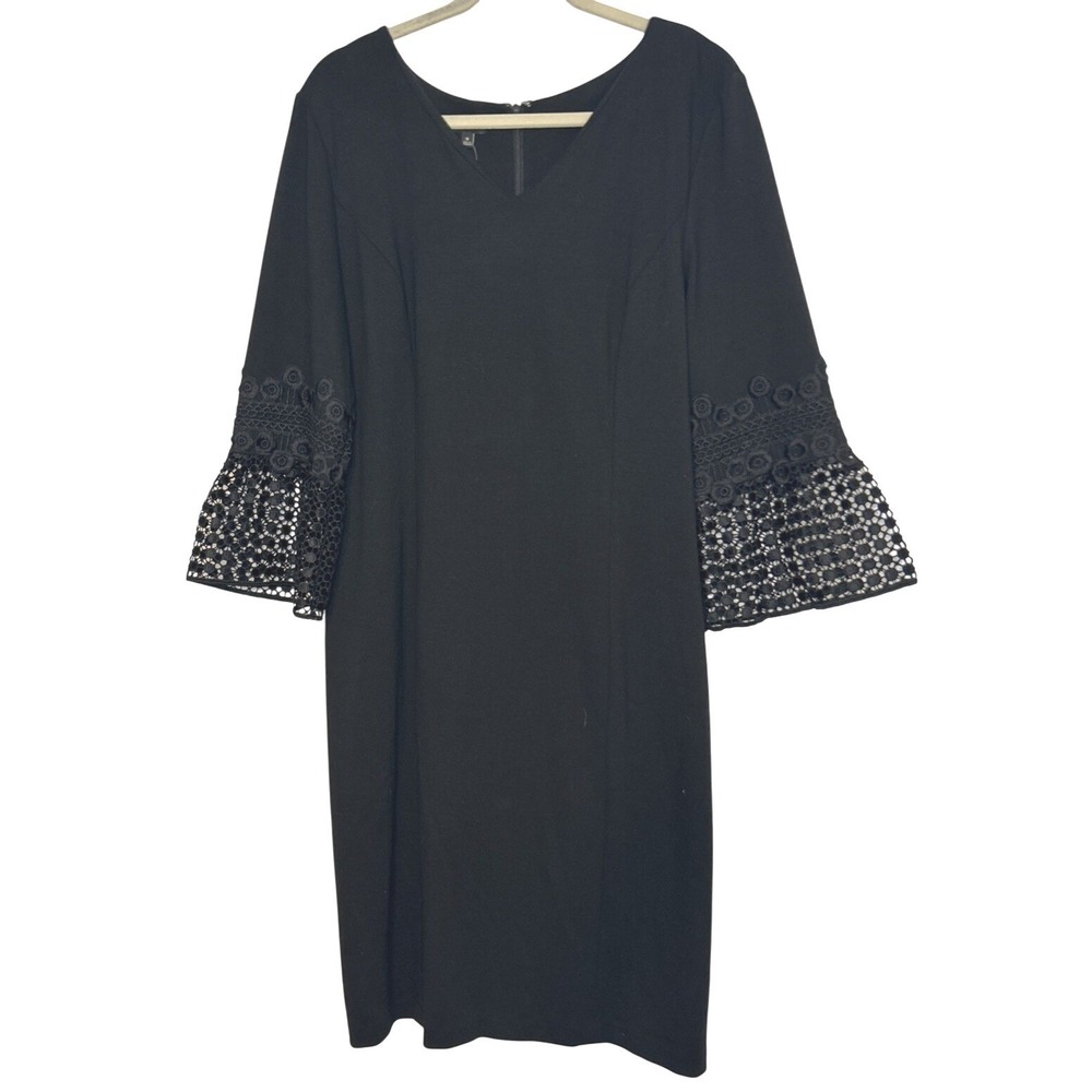 Talbots NWT Black V-Neck Ponte Zip Sheath Dress Crochet Lace Bell Sleeve‎ 16
